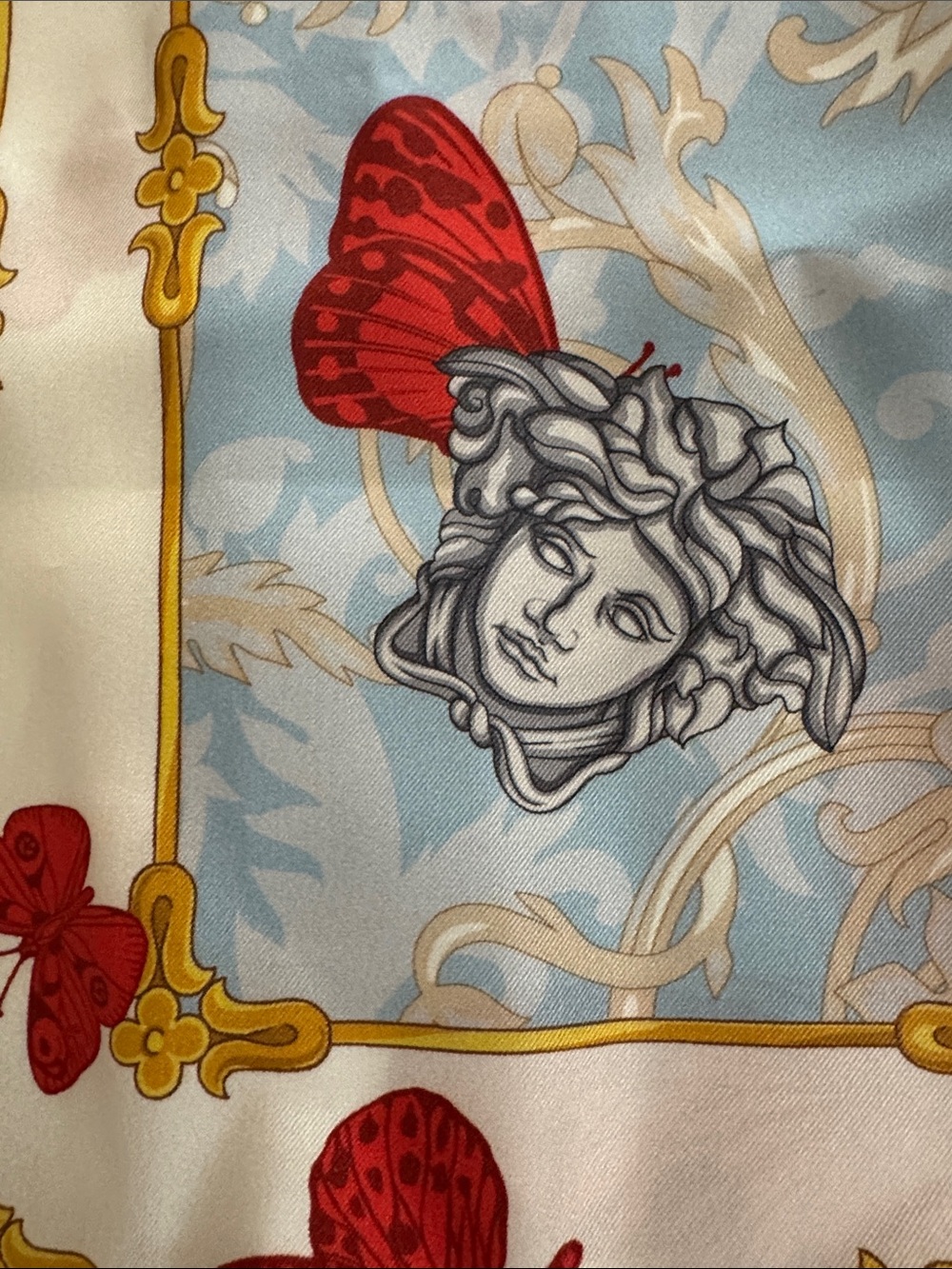 Versace NWT Red & Pale Blue Butterfly Silk Scarf with Gold Accents in BOX - Picture 9 of 12